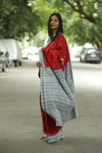 Load image into Gallery viewer, Elegant Sambalpuri handloom saree with maroon red body, ikat pallu, and bluish-grey diamond design border
