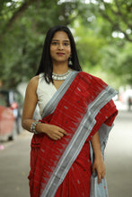 Load image into Gallery viewer, Deep maroon Phoda Kumbha saree with bluish-grey border and delicate fish buta handwoven patterns – Pasapali
