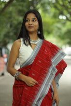 Load image into Gallery viewer, Wine Hibiscus maroon red Phoda Kumbha cotton saree with fish buta motifs and bluish-grey diamond border – Pasapali
