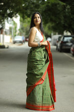 Load image into Gallery viewer, Pasapali Phoda Kumbha saree with mehendi green body, red border, and fine ikat detailing
