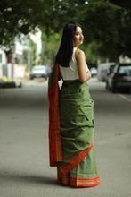 Load image into Gallery viewer, Elegant Phoda Kumbha saree with fish motifs and traditional red border, handcrafted in Odisha
