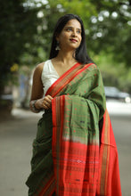 Load image into Gallery viewer, Amaryllis Phoda Kumbha Saree in mehendi green with intricate fish motif weaving and ikat pallu
