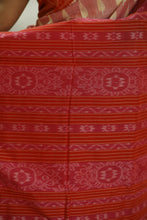 Load image into Gallery viewer, Festive Sambalpuri cotton saree with leaf motifs, orange border, and floral pallu details
