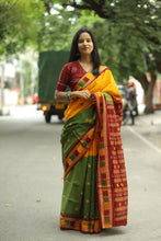 Load image into Gallery viewer, Artisan-crafted Sambalpuri saree with contrasting yellow and mehendi halves and striking maroon pallu
