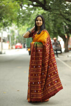 Load image into Gallery viewer, Pure cotton Sambalpuri saree with mehendi and yellow checks and rich maroon ikat pallu for festive wear
