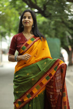 Load image into Gallery viewer, Elegant half yellow half mehendi Sambalpuri saree showcasing fine handwoven ikat detailing
