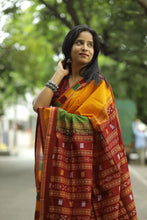 Load image into Gallery viewer, Traditional Odisha handloom saree with yellow and mehendi check pattern and elegant maroon ikat pallu
