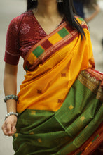 Load image into Gallery viewer, Classic Sambalpuri cotton saree featuring half check pattern and handcrafted maroon ikat pallu – Pasapali
