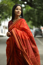 Load image into Gallery viewer, Bright red handloom cotton saree from Pasapali with maroon border and traditional Ikat craftsmanship
