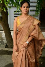 Load image into Gallery viewer, Handloom drape view of Pasapali light brown Sambalpuri tussar silk saree with golden zari chevron border, GI tagged Odisha weave
