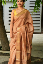 Load image into Gallery viewer, Full view of light brown Sambalpuri tussar silk saree by Pasapali with chevron golden zari border and striped golden tissue pallu
