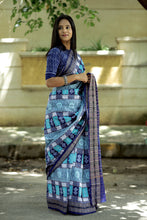 Load image into Gallery viewer, Blue Sachipar Sambalpuri saree with fish, flower, and leaf motifs and royal blue pallu – Pasapali.
