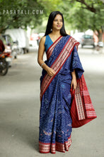 Load image into Gallery viewer, Cotton Sambalpuri Saree in navy blue with village landscape Ikat motifs and maroon border – Pasapali
