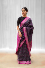 Mercerized Cotton Sambalpuri Saree | Black Phula Jaal Motif with Magenta Pink Pallu | Pasapali