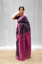 Mercerized Cotton Sambalpuri Saree | Black Phula Jaal Motif with Magenta Pink Pallu | Pasapali