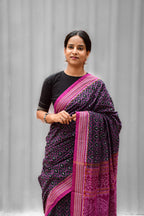 Mercerized Cotton Sambalpuri Saree | Black Phula Jaal Motif with Magenta Pink Pallu | Pasapali