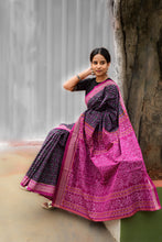 Load image into Gallery viewer, Mercerized Cotton Sambalpuri Saree | Black Phula Jaal Motif with Magenta Pink Pallu | Pasapali
