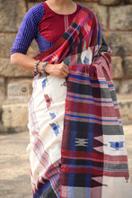 Load image into Gallery viewer, White Kotpad Khadi Saree with Aal, Indigo &amp; Tribal Borders
