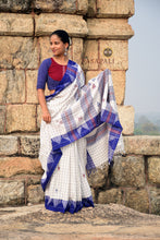 Load image into Gallery viewer, White Tribal Kotpad Cotton Saree with Indigo Border &amp; Heritage Checks
