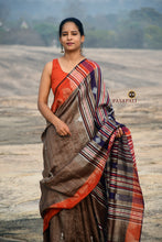 Load image into Gallery viewer, Earthy Brown Kotpad Tussar Cotton Saree with Checkered Body &amp; Rust Borders
