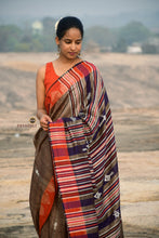 Load image into Gallery viewer, Earthy Brown Kotpad Tussar Cotton Saree with Checkered Body &amp; Rust Borders
