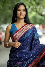 Load image into Gallery viewer, Handloom Bandha saree showing boats, rain, huts, and river waves in navy blue – Pasapali
