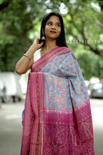 Load image into Gallery viewer, Handloom Sambalpuri Saree in Sky Blue with Pink Star Border – Pasapali
