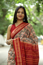 Load image into Gallery viewer, Handloom Sambalpuri cotton saree in peach with red pallu and wave motifs – Pasapali
