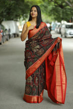 Load image into Gallery viewer, Mercerized cotton Sambalpuri saree in brown with Konark motifs and golden fish border – Pasapali
