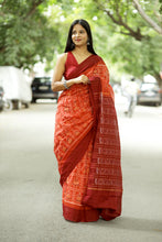 Load image into Gallery viewer, Mercerized Cotton Sambalpuri Saree in Orange with Tribal Motifs and Maroon Border – Pasapali
