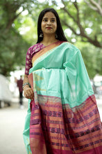 Load image into Gallery viewer, Mulberry–tussar Phoda Kumbha Sambalpuri saree in green with purple-pink Ikat pallu – Pasapali
