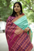 Load image into Gallery viewer, Ocean green Phoda Kumbha silk saree with golden tissue stripes and temple border – Pasapali
