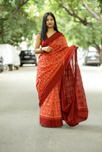 Load image into Gallery viewer, Orange Sambalpuri Ikat Cotton Saree with Tribal Butta and Red Ikat Pallu – Pasapali
