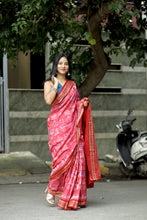 Load image into Gallery viewer, Pink Sambalpuri Ikat saree with tribal motifs and red floral Ikat pallu – Pasapali
