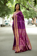 Load image into Gallery viewer, Dark Purple Phoda Kumbha Sambalpuri Silk Saree with Golden Ikat Pallu – Pasapali
