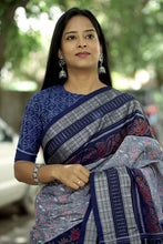 Load image into Gallery viewer, Royal blue Sambalpuri Ikat saree with peacock pallu and silver fish motifs – Pasapali
