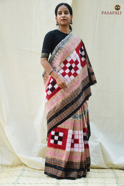 White Black Sambalpuri mercerized cotton Bichitrapuri saree — fish motif border — Pasapali
