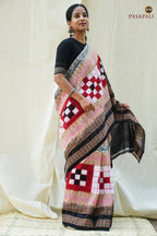 Handloom certified white Bichitrapuri Sambalpuri mercerized cotton saree — fish border — 5.4m — Pasapali