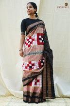 Bichitrapuri Black pallu with elephant and duck motifs — Sambalpuri Bandha saree — Pasapali