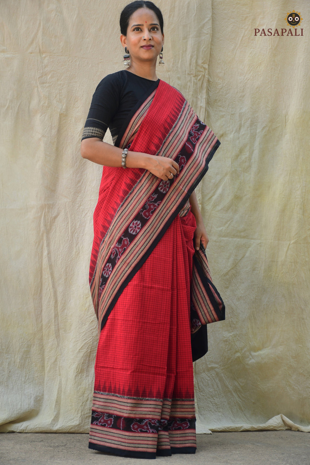 Red Sambalpuri mercerized cotton saree Sachipar checks — Pasapali Odisha