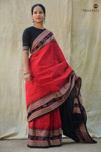 Red Sachipar in Black pallu with duck and elephant motifs — Sambalpuri Bandha ikat saree — Pasapali