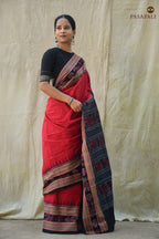 Red Sambalpuri mercerized cotton saree Sachipar checks — khajur Tree inspired border— Pasapali Odisha