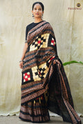 Cream Sambalpuri Bichitrapuri mercerized cotton saree — double ikat Pasapali motifs, black fish border, elephant and deer pallu by Pasapali