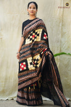 Cream Sambalpuri Bichitrapuri mercerized cotton saree — double ikat Pasapali motifs, black fish border, elephant and deer pallu by Pasapali