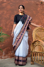 White Sambalpuri mercerized cotton saree Sachipar checks — khajur motif — Pasapali Odisha