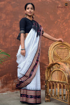 Sachipar Handloom certified white Sambalpuri mercerized cotton saree — Odisha weave 
