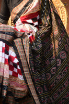 Close-up of Bichitrapuri Pasapali double ikat weave — white Sambalpuri handloom saree — Pasapali Odisha