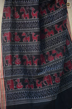 Close-up of Sachipar ikat weave — Red Sambalpuri mercerized cotton handloom saree — Pasapali