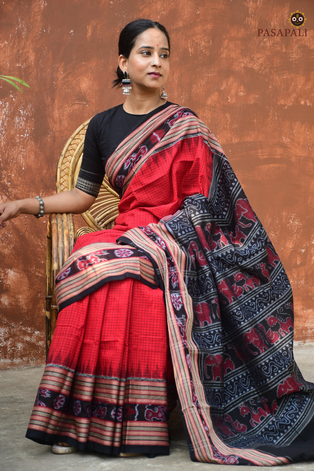 Red Sambalpuri mercerized cotton saree Sachipar checks — khajur motif — Pasapali Odisha