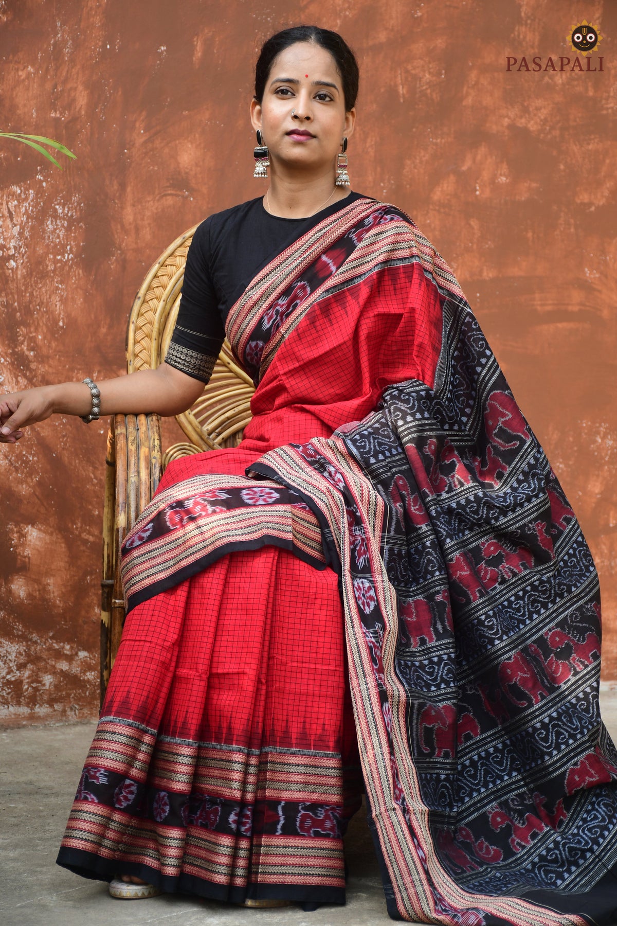 Sachipar Deep Red Sambalpuri Mercerized Cotton Saree | Pasapali